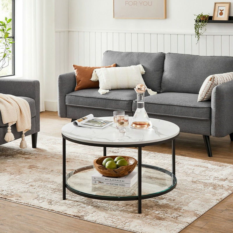 Round White Faux Marble Coffee Table with Black Metal Frame for Living Room by Vasagle