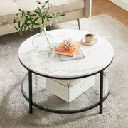 Round White Faux Marble Coffee Table with Black Metal Frame for Living Room by Vasagle