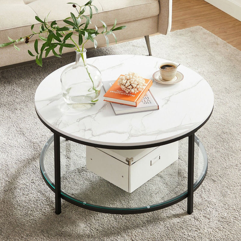 Round White Faux Marble Coffee Table with Black Metal Frame for Living Room by Vasagle