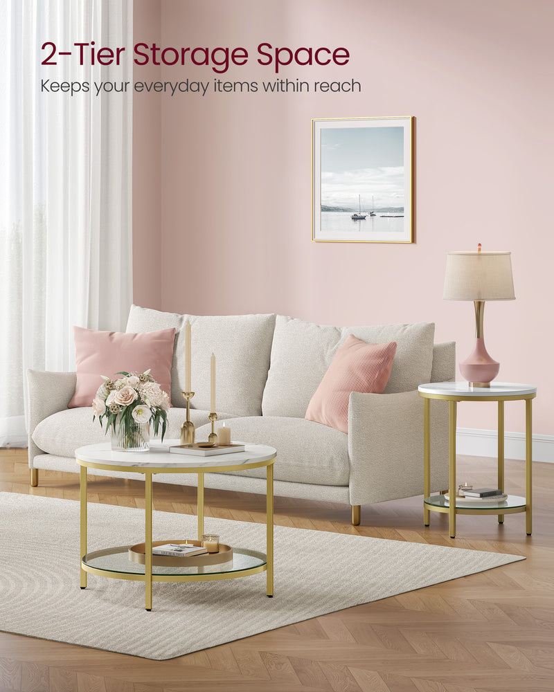 White Round Marble Coffee Table with Pale Gold Frame for Living Room by Vasagle