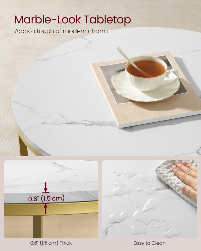 White Round Marble Coffee Table with Pale Gold Frame for Living Room by Vasagle