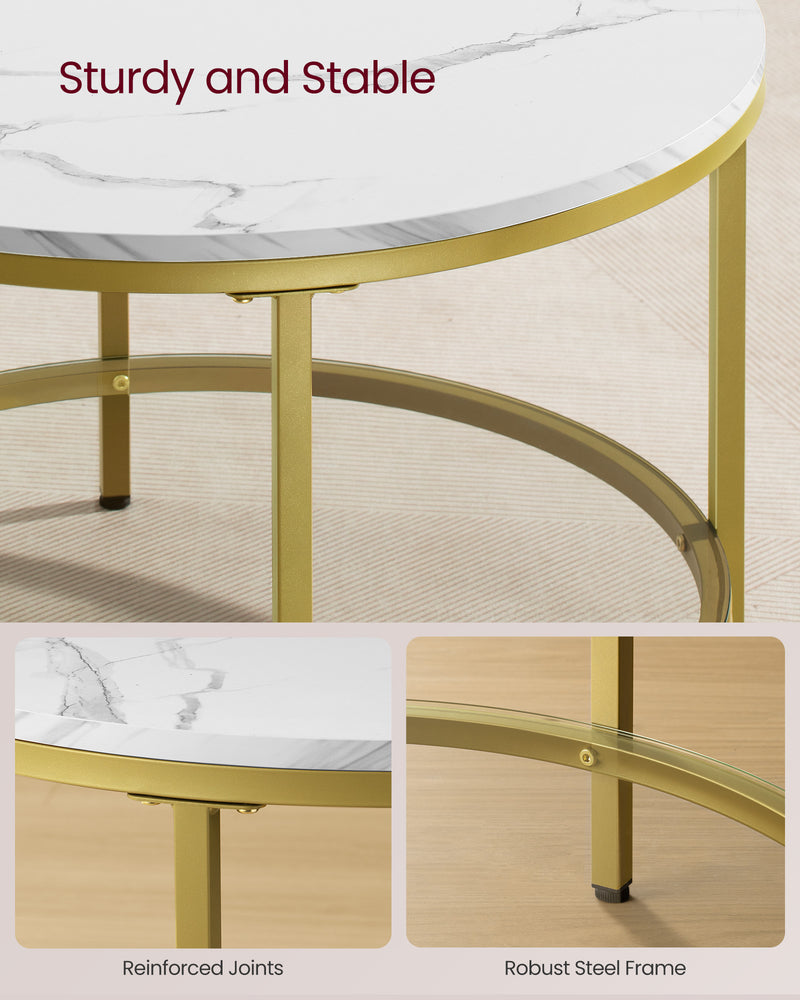White Round Marble Coffee Table with Pale Gold Frame for Living Room by Vasagle