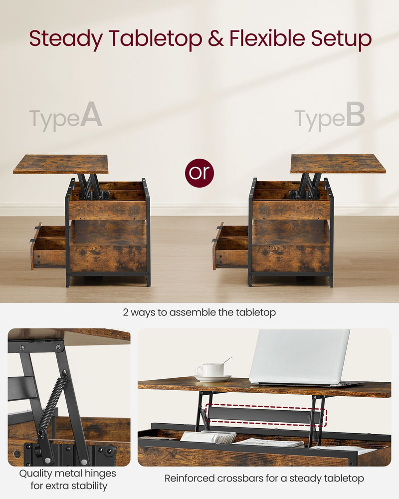 Lift Top Coffee Table with Hidden Storage and Drawers for Living Room by Vasagle