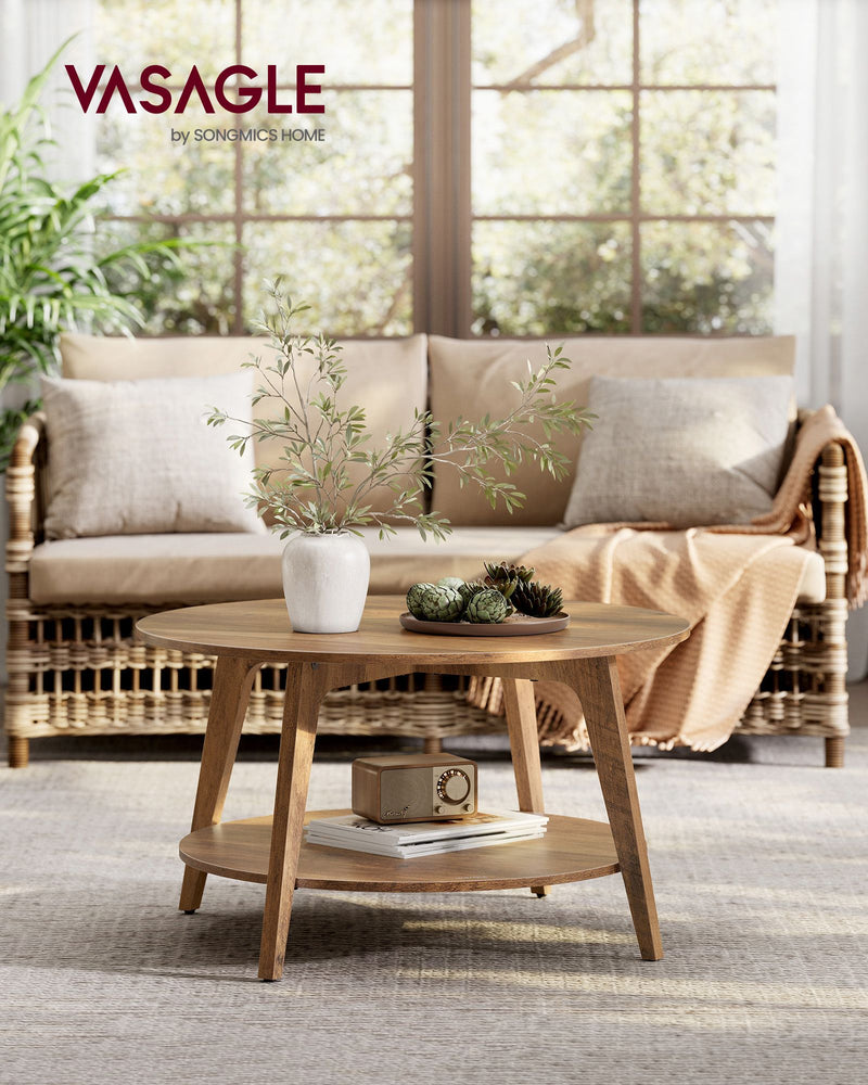 Round Wooden Coffee Table With Shelf For Living Room