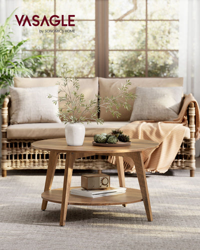 Round Wooden Coffee Table With Shelf For Living Room VASAGLE
