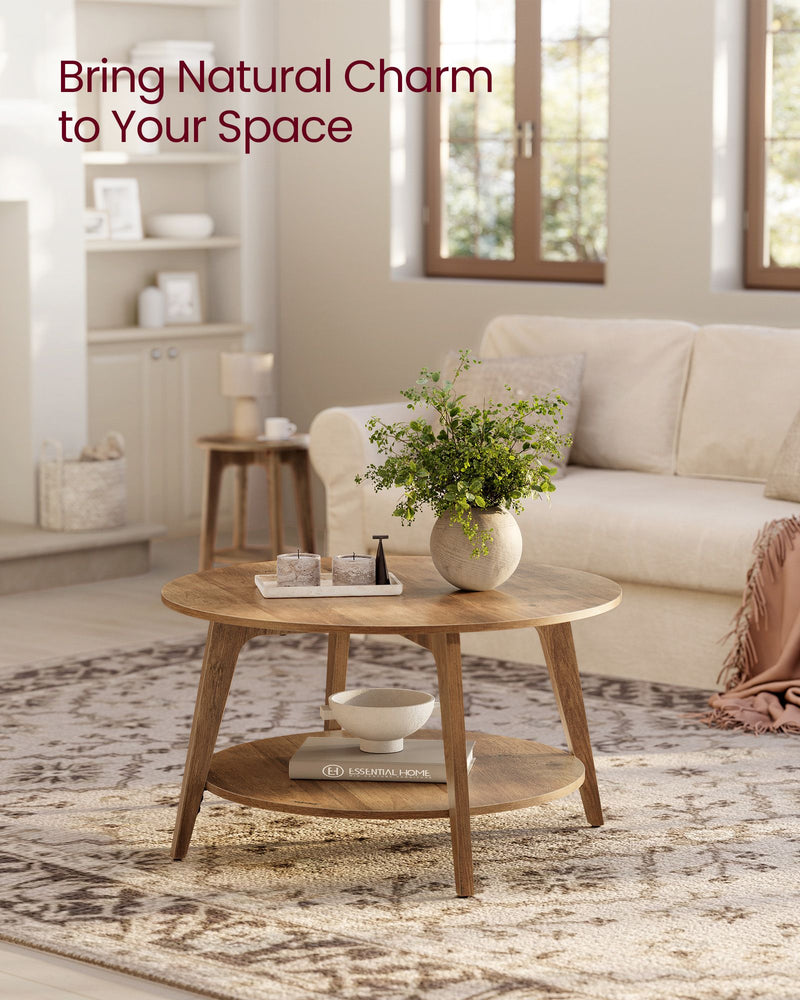 Round Wooden Coffee Table With Shelf For Living Room