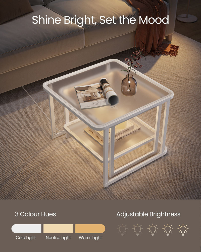 Set of 2 White Nesting Tables with LED Lights for Modern Living Rooms by Songmics