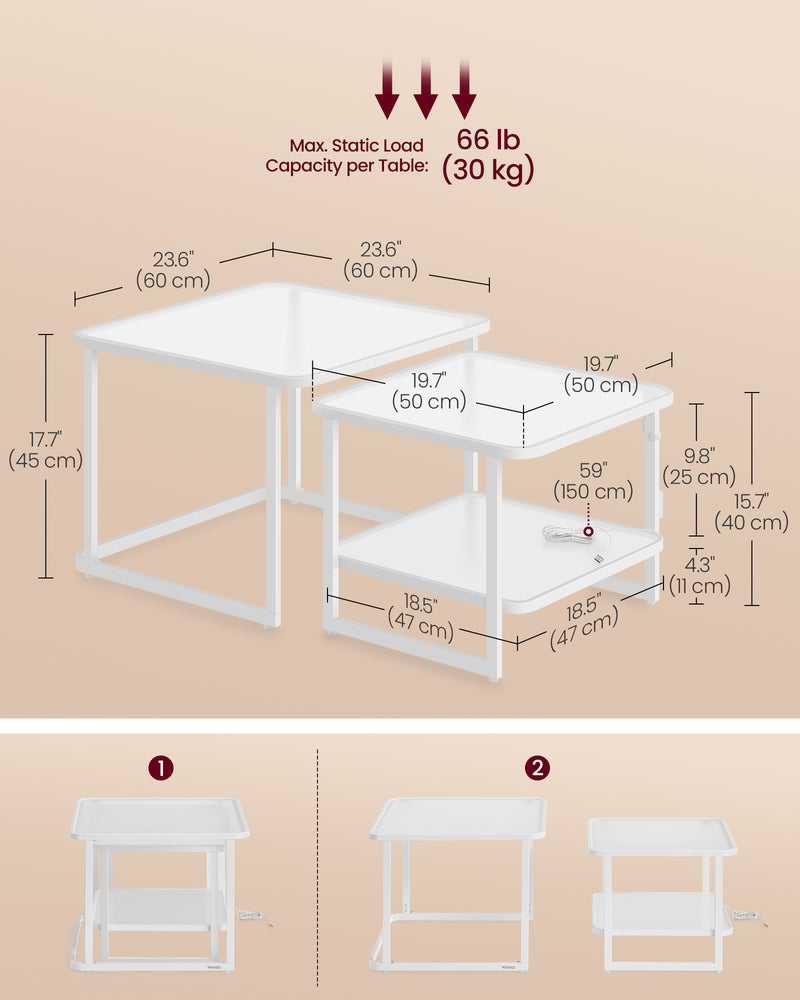Set of 2 White Nesting Tables with LED Lights for Modern Living Rooms by Songmics
