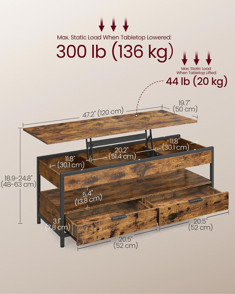 Lift Top Coffee Table with Hidden Storage Rustic Brown and Black Wood Design by Vasagle