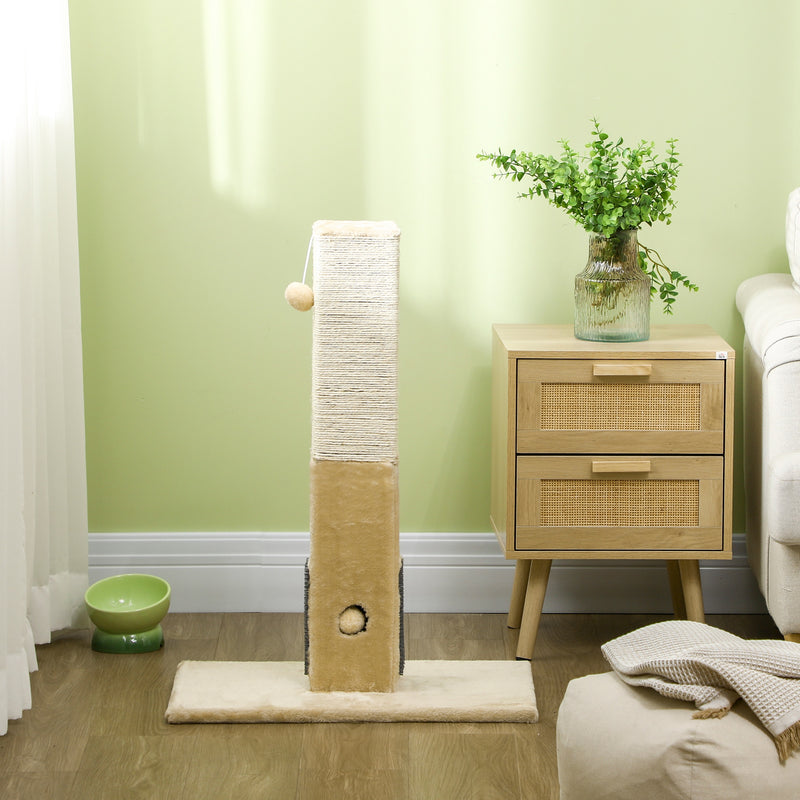 Tall Jute Cat Scratching Post With Carpet Base And Hanging Toy For Indoor Play Beige