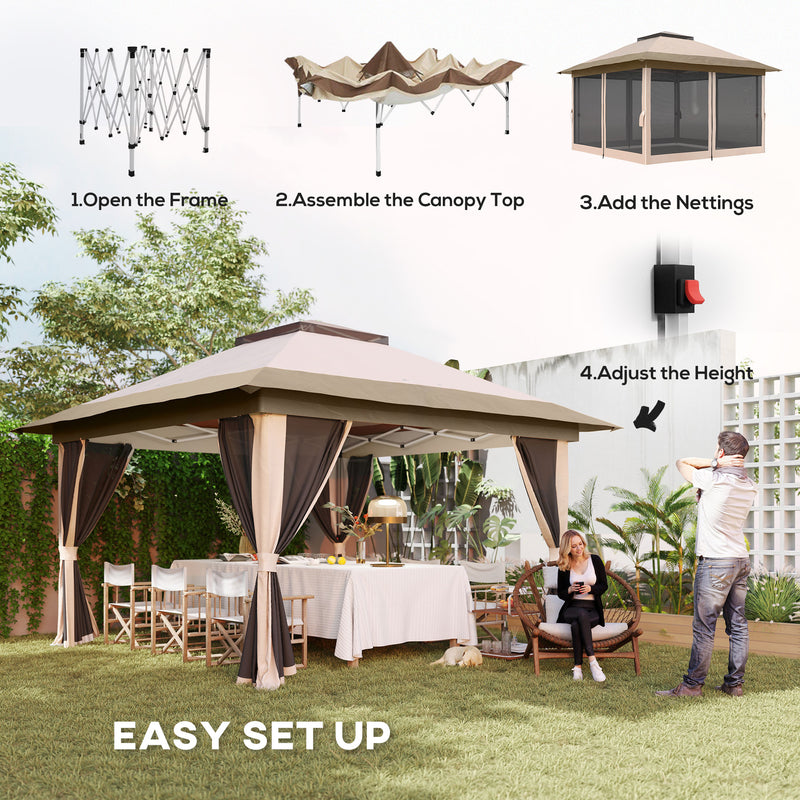 3.6 x 3.6m Pop Up Gazebo with Mesh Sides, Carry Case, Weight Bags, Beige by Outsunny