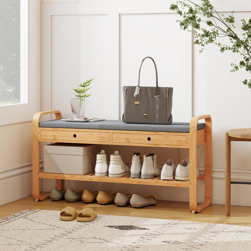 Shoe Storage Bench with Drawers and Padded Seat for Narrow Hallways Natural Bamboo Grey