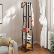 Industrial Coat Stand with 8 Hooks and 4 Storage Shelves for Hallway Organisation, Rustic Brown