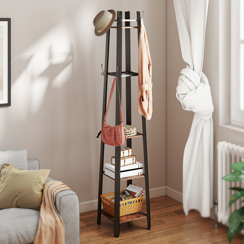 Industrial Coat Stand with 8 Hooks and 4 Storage Shelves for Hallway Organisation, Rustic Brown