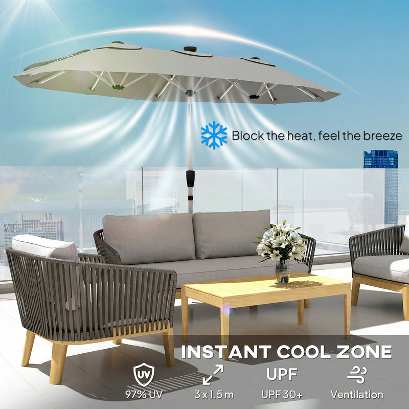 3m Double Garden Parasol with Lights for Outdoor Shade, Solar Powered LED, UPF30+