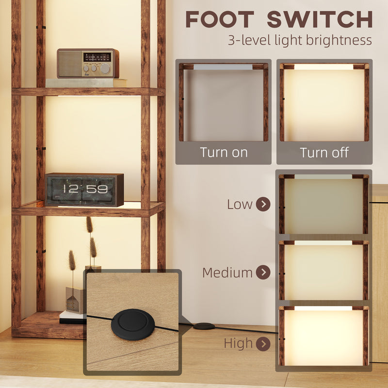 LED Floor Lamp with 4 Glass Shelves Dimmable Tall Light for Living Room Rustic Brown