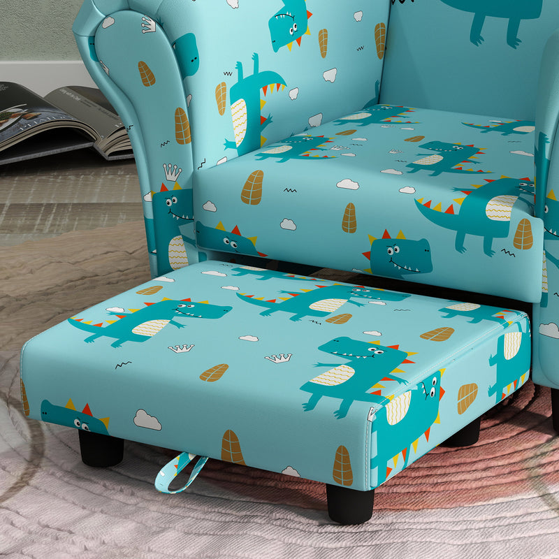 2 Piece Kids Sofa Chair Set with Dinosaur Design and Wooden Frame for Toddlers, Blue