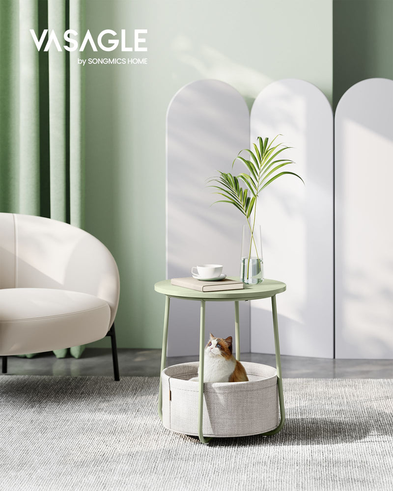 Laurel Green and Cream White Round Side Table with Storage Basket for Living Room by Songmics