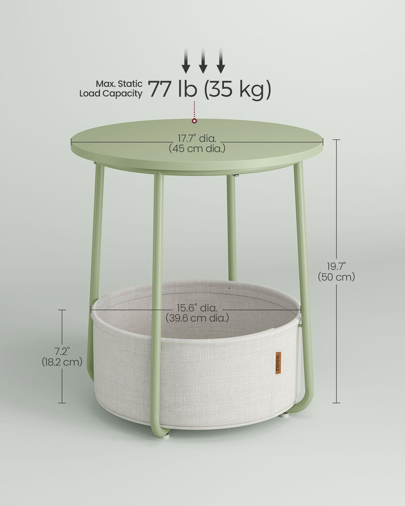 Laurel Green and Cream White Round Side Table with Storage Basket for Living Room by Songmics