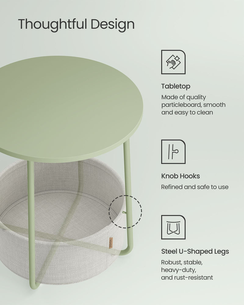 Laurel Green and Cream White Round Side Table with Storage Basket for Living Room by Songmics