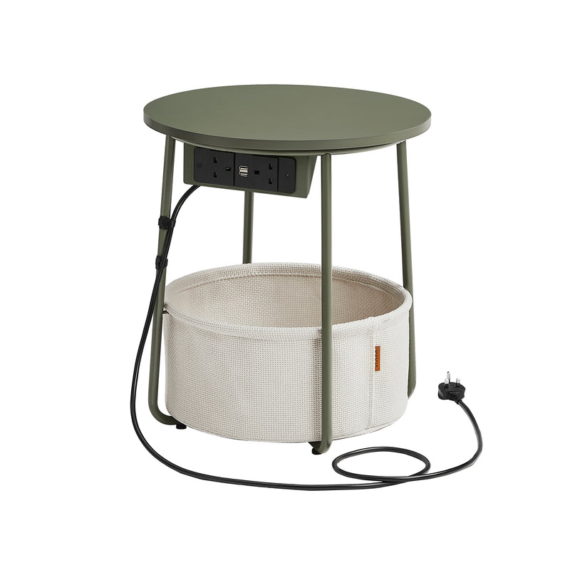 Round Side Table With USB and Plug Sockets in Forest Green and Cream White with Sturdy Metal Frame by Vasagle