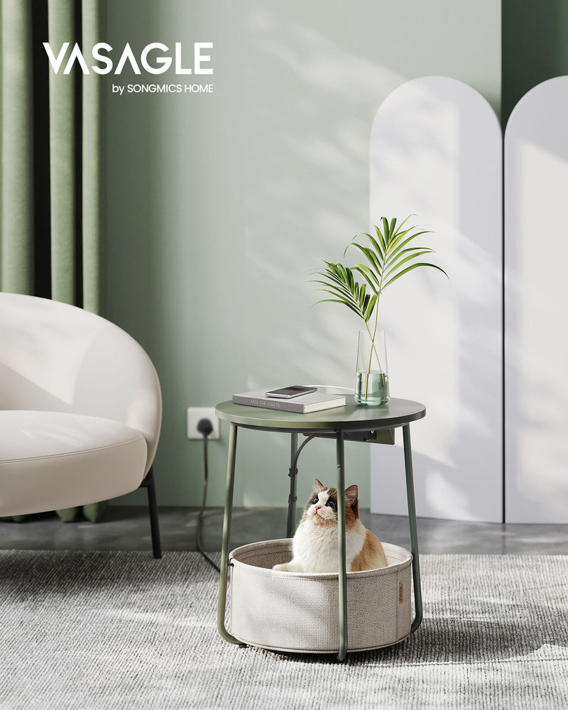 Round Side Table With USB and Plug Sockets in Forest Green and Cream White with Sturdy Metal Frame by Vasagle