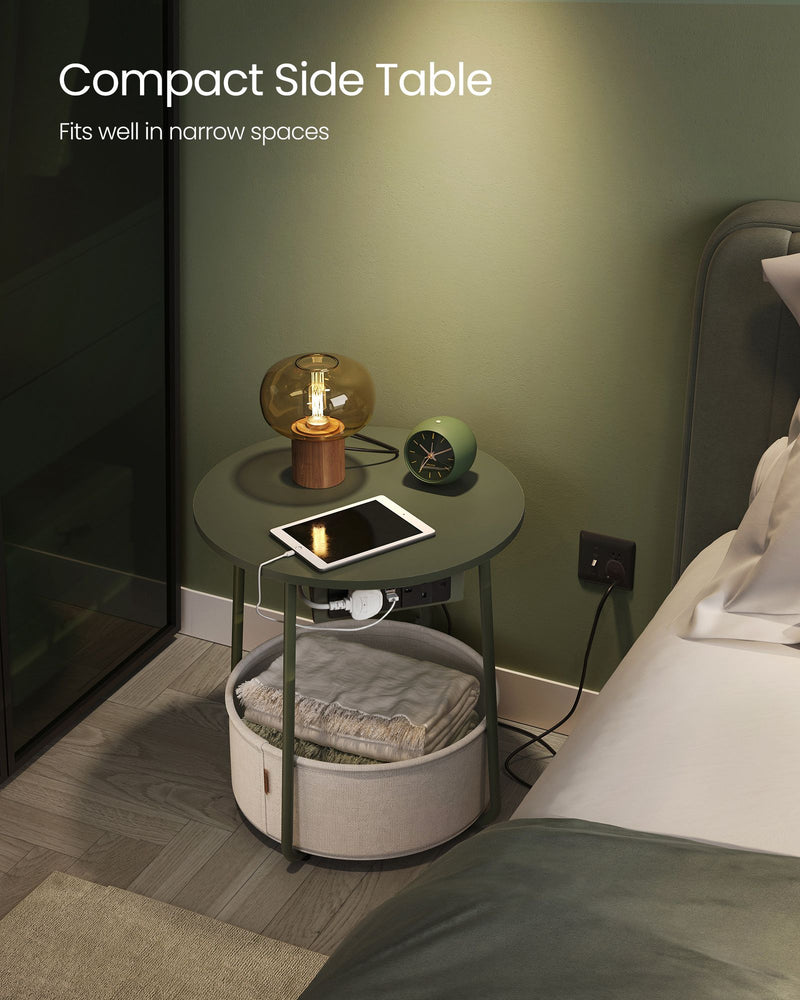 Round Side Table With USB and Plug Sockets in Forest Green and Cream White with Sturdy Metal Frame by Vasagle