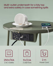 Round Side Table With USB and Plug Sockets in Forest Green and Cream White with Sturdy Metal Frame by Vasagle