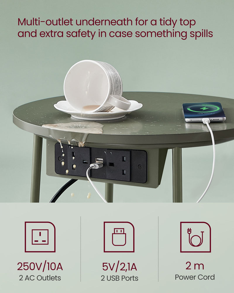 Round Side Table With USB and Plug Sockets in Forest Green and Cream White with Sturdy Metal Frame by Vasagle