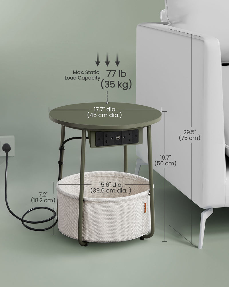 Round Side Table With USB and Plug Sockets in Forest Green and Cream White with Sturdy Metal Frame by Vasagle