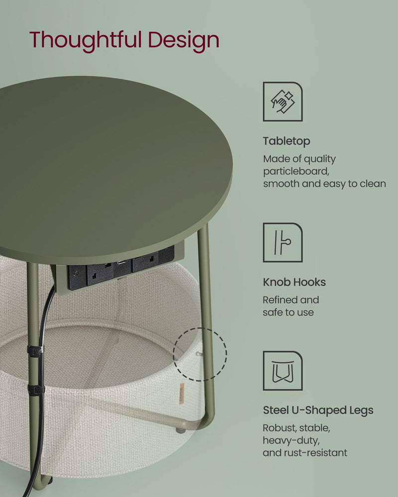 Round Side Table With USB and Plug Sockets in Forest Green and Cream White with Sturdy Metal Frame by Vasagle