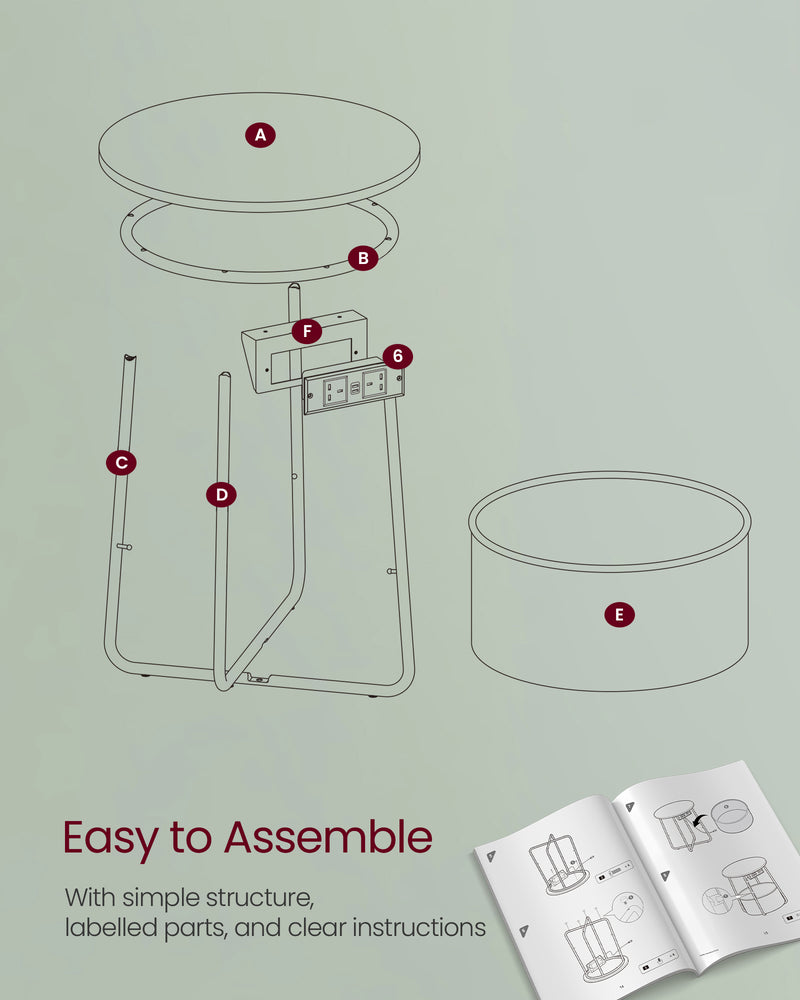 Round Side Table With USB and Plug Sockets in Forest Green and Cream White with Sturdy Metal Frame by Vasagle