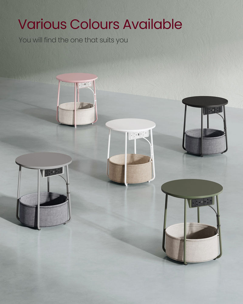 Round Side Table With USB and Plug Sockets in Forest Green and Cream White with Sturdy Metal Frame by Vasagle