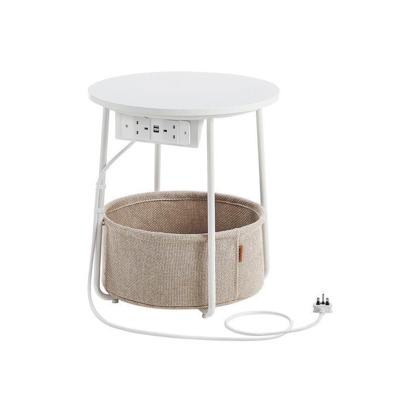 White and Camel Brown Side Table with Power Outlets and Storage Shelf by Vasagle