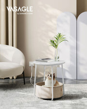 White and Camel Brown Side Table with Power Outlets and Storage Shelf by Vasagle