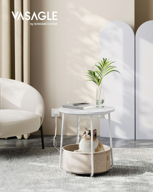 White and Camel Brown Side Table with Power Outlets and Storage Shelf by Vasagle