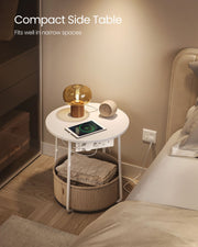 White Round Side Table with Fabric Storage Basket & Built In Power Outlets by Vasagle VASAGLE