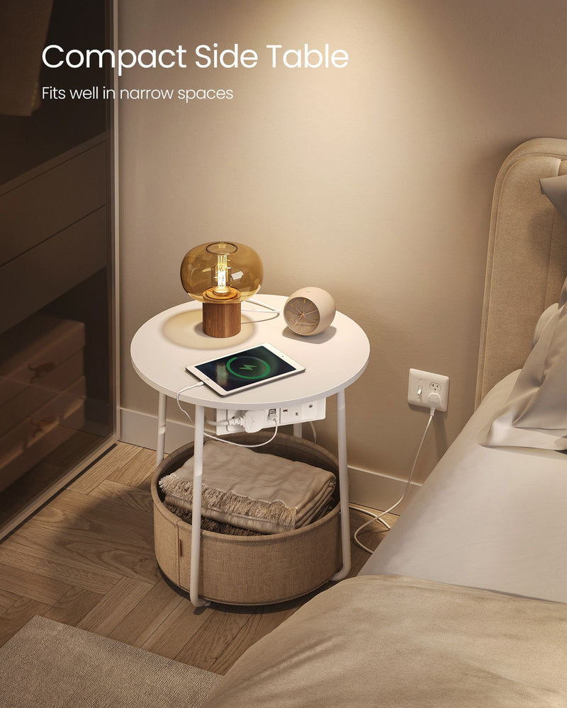 White Round Side Table with Fabric Storage Basket & Built In Power Outlets by Vasagle VASAGLE