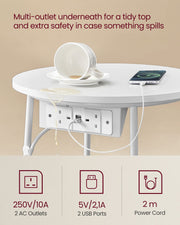 White and Camel Brown Side Table with Power Outlets and Storage Shelf by Vasagle