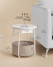 White Round Side Table with Fabric Storage Basket & Built In Power Outlets by Vasagle VASAGLE