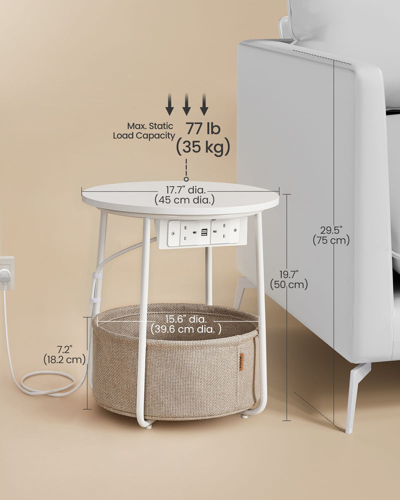 White Round Side Table with Fabric Storage Basket & Built In Power Outlets by Vasagle VASAGLE