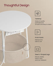 White Round Side Table with Fabric Storage Basket & Built In Power Outlets by Vasagle VASAGLE