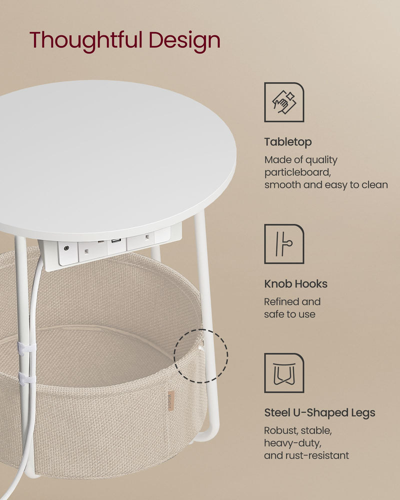 White Round Side Table with Fabric Storage Basket & Built In Power Outlets by Vasagle VASAGLE