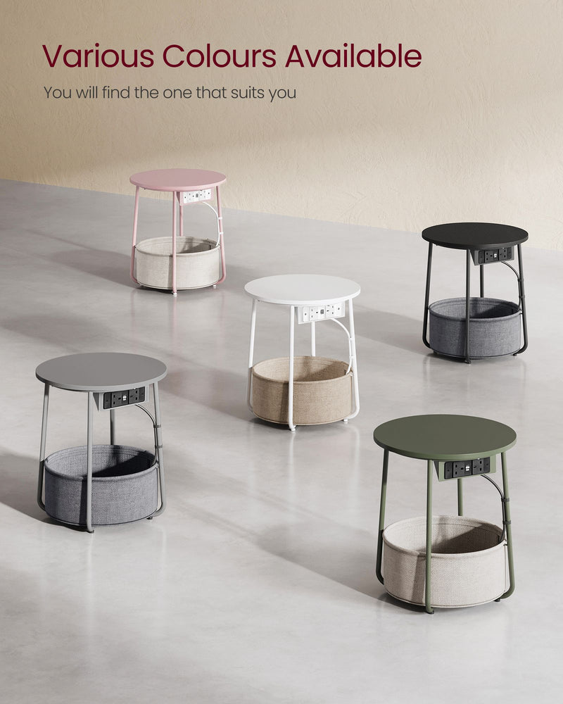 White Round Side Table with Fabric Storage Basket & Built In Power Outlets by Vasagle VASAGLE