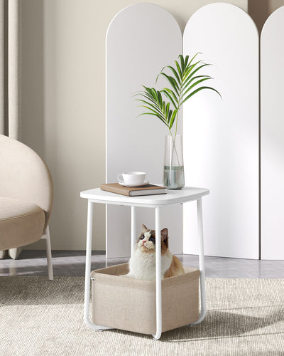 White and Camel Brown Square Side Table with Storage Basket for Living Room by Vasagle