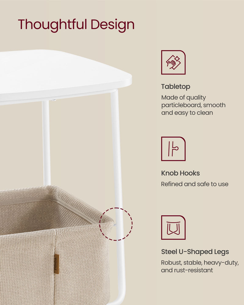 White and Camel Brown Square Side Table with Storage Basket for Living Room by Vasagle