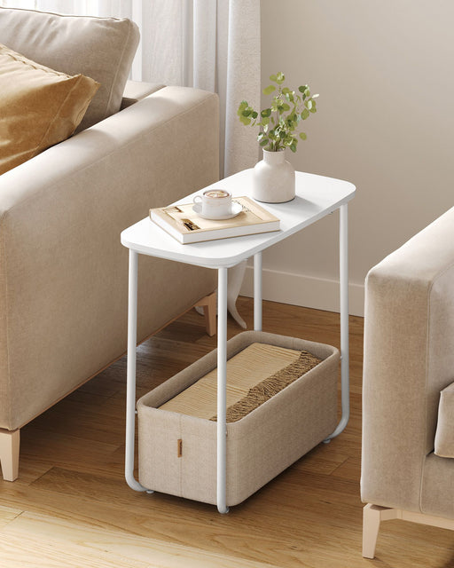 Rectangular Side Table Matte White and Camel Brown with Storage for Living Room by Vasagle
