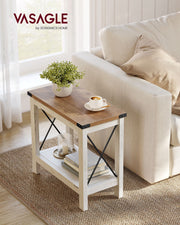 Rustic White and Honey Brown 2 Tier Side Table for Small Spaces with Storage Shelf by Vasagle
