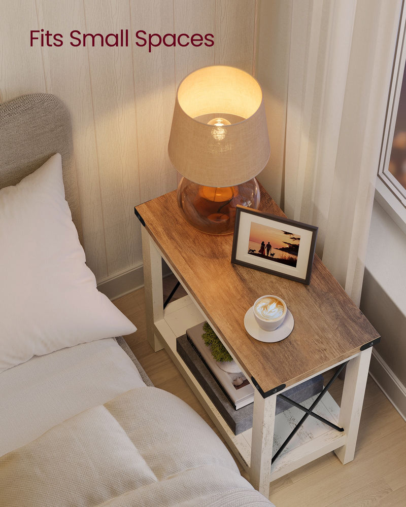 Rustic White and Honey Brown 2 Tier Side Table for Small Spaces with Storage Shelf by Vasagle