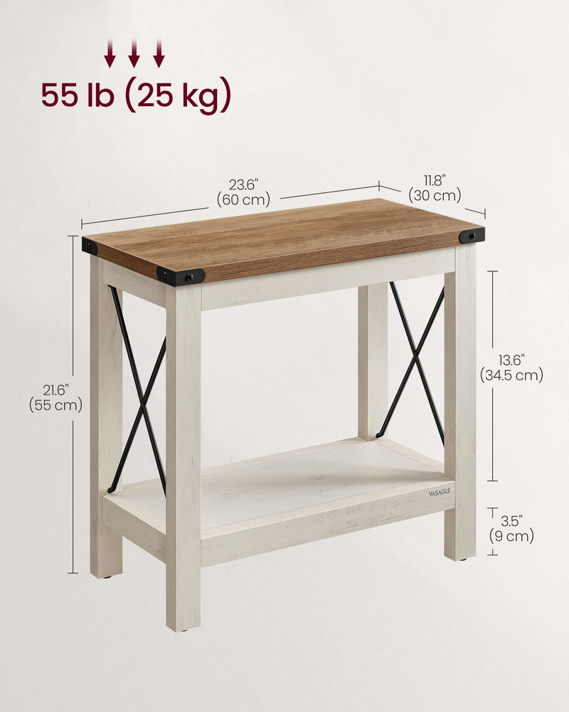 Rustic White and Honey Brown 2 Tier Side Table for Small Spaces with Storage Shelf by Vasagle